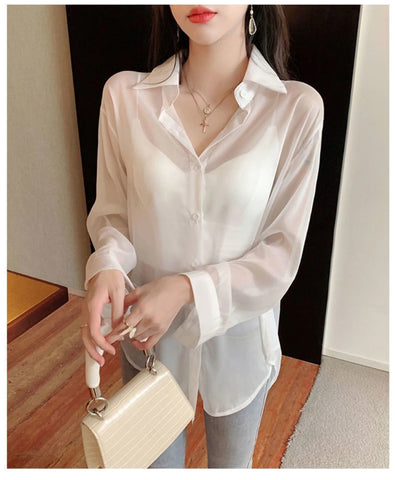 Loose Back Tie Transparent Blouse Shirt