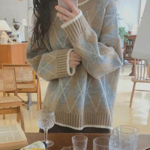 Argyle Pattern Loose O-Neck Knitted Sweater