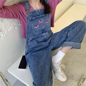 Butterfly Embroidery Retro Denim Jumpsuits