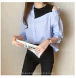 Fake Two Piece Off Shoulder Striped Splice Blouse Shirt