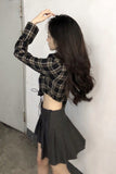 Long Sleeve Zip Up Plaid Cropped Shirt