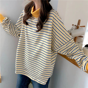 Yellow Turtleneck Loose Striped Sweater