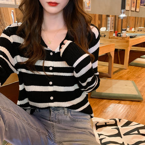 Long Sleeve Striped Slim Cardigan Sweater