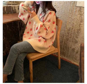Loose Strawberry Full Pattern Knitted Sweater