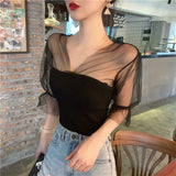 Short Sleeve Neck Lace Mesh Transparent Shirt