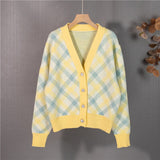 Vintage Checkered V-Neck Cardigan Sweater