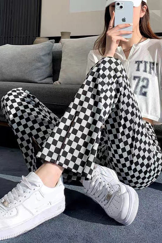 Slit Leg Retro Checkered Pattern Loose Pants