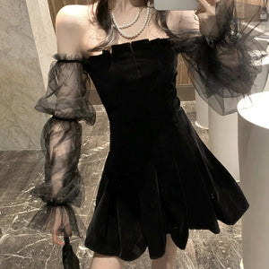 Vintage Mesh Off Shoulder Lantern Sleeve Gothic Dress