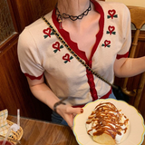 Lace Trim Flower Embroidery V-Neck Knitted Shirt