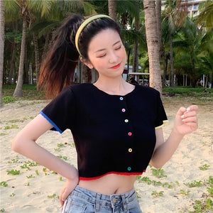 Colorful Buttons O Neck Short Sleeve Crop Top