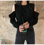 Long Sleeve Hole Shoulder O-Neck Shirt
