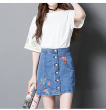 Floral Embroidery Denim Skirt With Button
