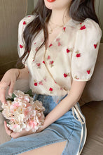 Puff Sleeve Rose Pattern Office Blouse Shirt