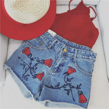 Rose Embroidered High Waisted Denim Shorts