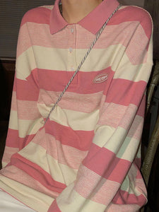 Long Sleeve Pink Striped Polo Collar Shirt