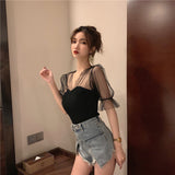 Sexy Puff Sleeve Mesh Transparent Knitting Shirt