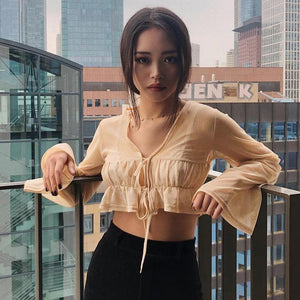 Sexy Long Sleeve Flare Ruched V-Neck Crop Top