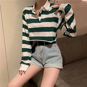 Long Sleeve Polo Collar Striped Crop Shirt