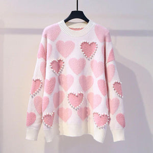 Love Pattern with Pearls Beading Knitted Sweater