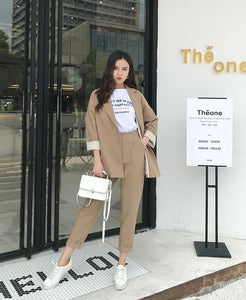 Casual Solid Blazer Coat and Pants Set