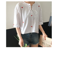 Red Heart Embroidered Cute Fresh Casual Loose Shirt