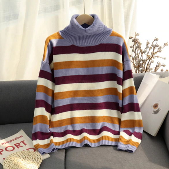 Turtleneck Contrast Color Striped Knitted Sweater