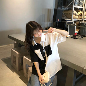 Short Sleeve 2 Colors Combination Blouse Shirt