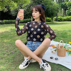 Daisy Printed O-Neck Sexy Transparent Shirt