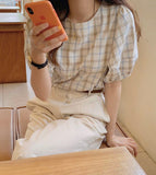 O-Neck Puff Sleeve Plaid Blouse Shirt