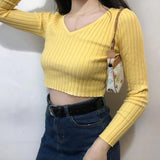 V Neck Fitted Rib Crop Knitted Sweater