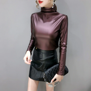 Long Sleeve Turtleneck Leather Tops