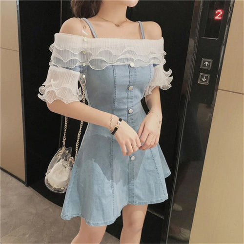 Ruffles Sexy Off Shoulder Denim Dress