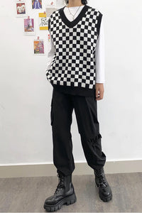 Plaid Checkered V-Neck Sleeveless Knitted Vest Sweater