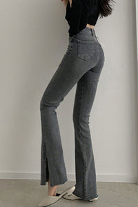 High Waist Splitted Scratched Leg Flare Grey Jeans