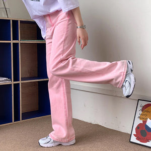 High Waist Casual Pink Wide Leg Jeans Pants