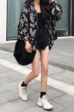 Long Sleeve Floral Printed Black Blouse Shirt