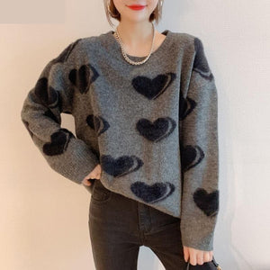 Heart Pattern Knitted O-Neck Sweater