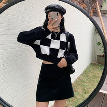 O-Neck Slim Plaid Knitted Crop Sweater