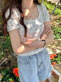 Florals Printed Square Collar Slim Shirt