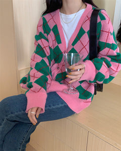 Argyle Pattern Casual Cardigan Sweater