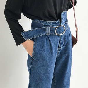 Jeans High Waist Asymmetrical Belt Vintage Denim Pants