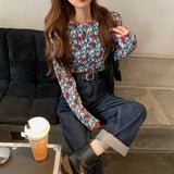 Long Sleeve Retro Floral Basic Chiffon Shirt