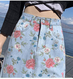 High Waist Slit Floral Printed Jeans Skirt