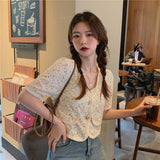 V-Neck Single Breasted Cropped Blouse ShirtV-Neck Single Breasted Cropped Blouse Shirt
