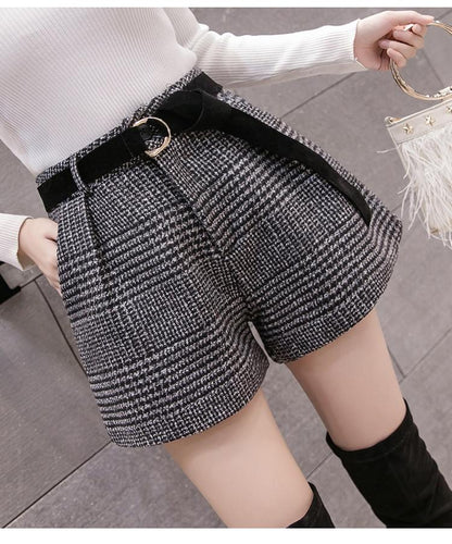 High Waist Wool Plaid Wide Leg Shorts