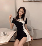 Two Color Patchwork Stand Collar Dress