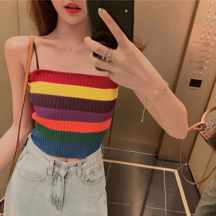 Rainbow Striped Straps Camis Knitted Tank Top
