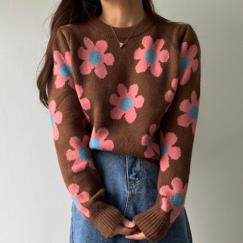 Flower O Neck Knitted Long Sleeve Sweater