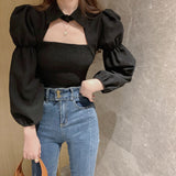 Long Sleeve Hollow Out Puff Sleeve Blouse Shirt