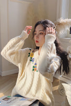 Flower Embroidery V-Neck Knitted Loose Sweater